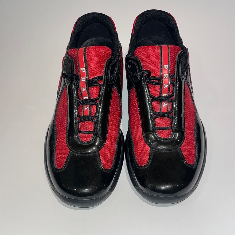 Prada Americas Cup Mesh and Patent Lace-Up Sneakers - Picture 2 of 16